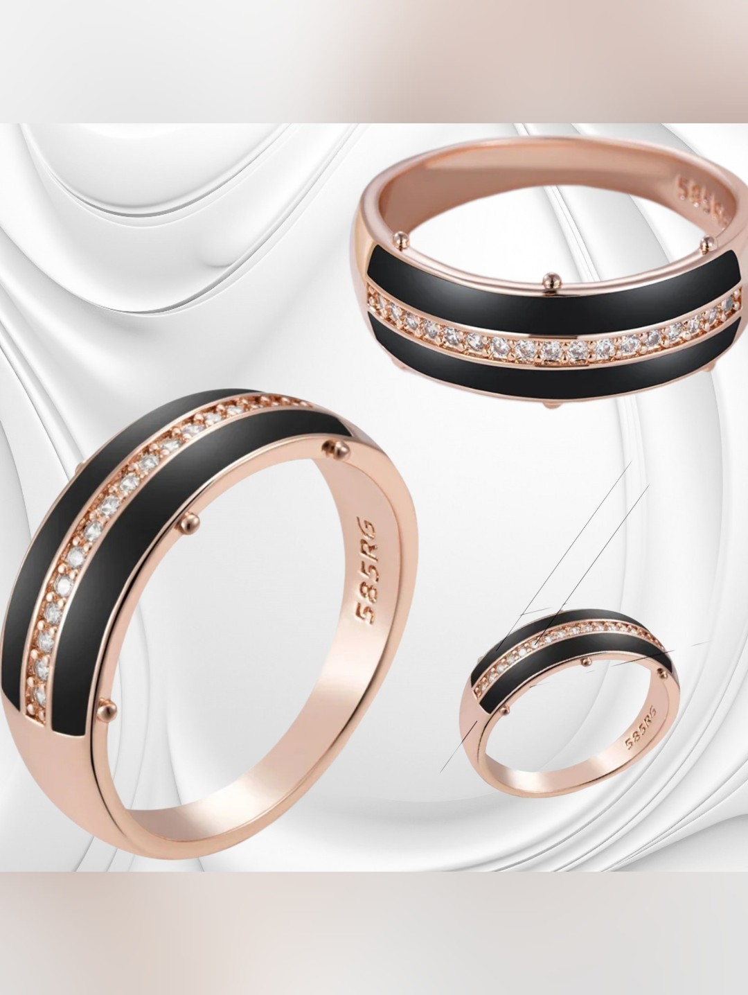 14k 585 Rose Gold Ring With Black Inlay And Crystal Accent
